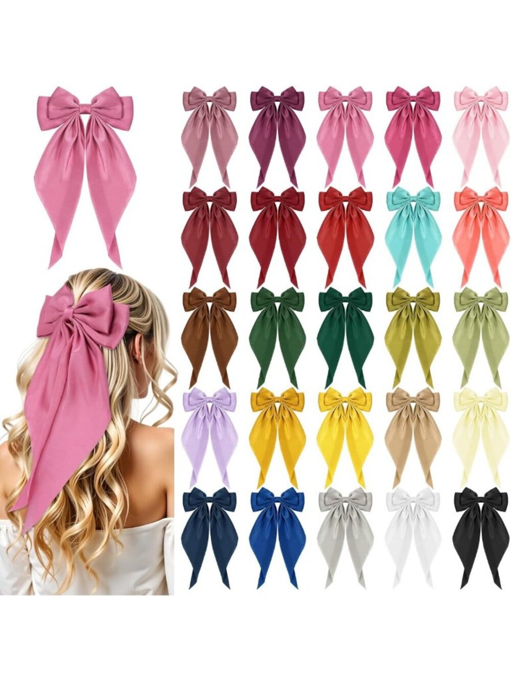 25 Pcs Oversized Satin Hair Bows Clips - Long Tail Ribbons, Valentine Hair